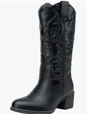 Vepose Black Embroidered Mid-Calf Western Heel Boot
